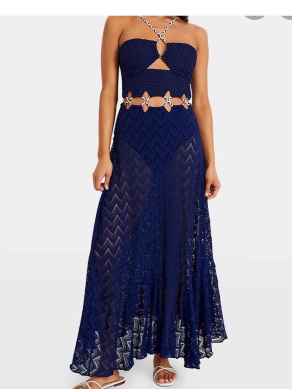 Patbo La Mer Navy Crochet Halter Maxi Dress with Chain Accents cutout dress